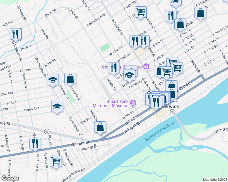map of restaurants, bars, coffee shops, grocery stores, and more near 605 North Vine Street in Berwick