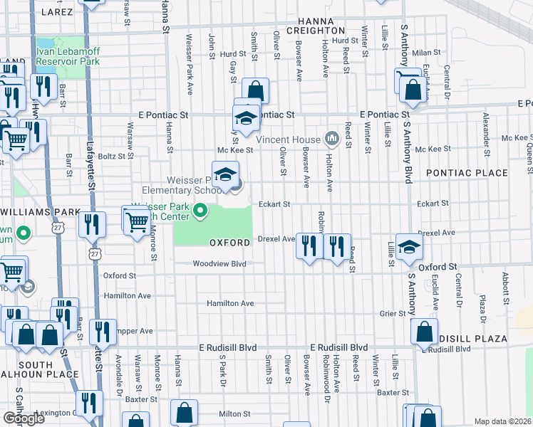 map of restaurants, bars, coffee shops, grocery stores, and more near 3113 Smith Street in Fort Wayne