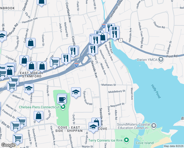 map of restaurants, bars, coffee shops, grocery stores, and more near 69 Seaside Avenue in Stamford
