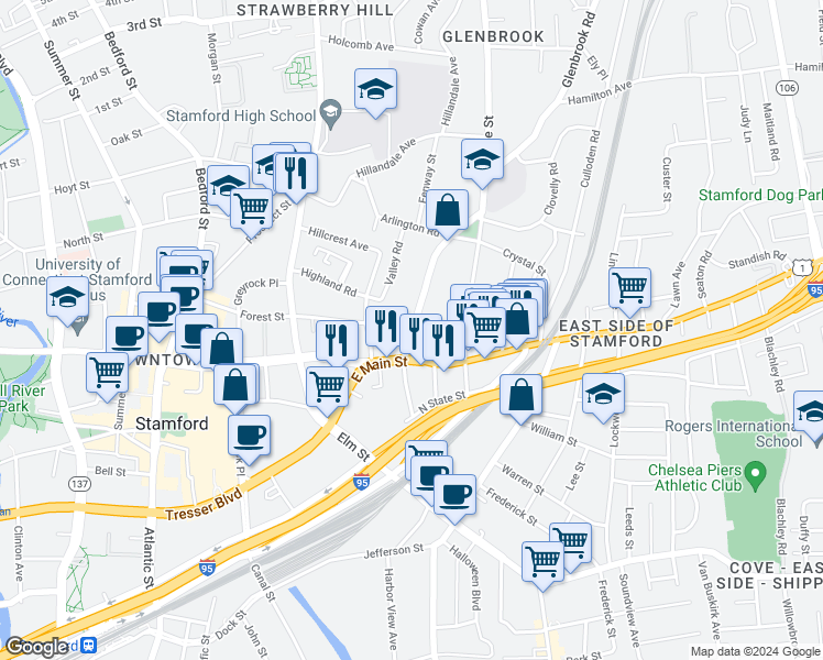 map of restaurants, bars, coffee shops, grocery stores, and more near 30 Glenbrook Road in Stamford