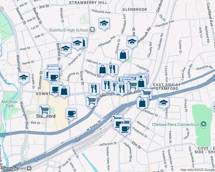 map of restaurants, bars, coffee shops, grocery stores, and more near 30 Glenbrook Road in Stamford