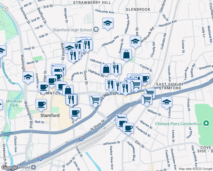 map of restaurants, bars, coffee shops, grocery stores, and more near 164 Forest Street in Stamford