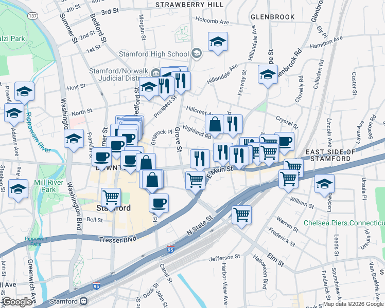 map of restaurants, bars, coffee shops, grocery stores, and more near 109 Forest Street in Stamford