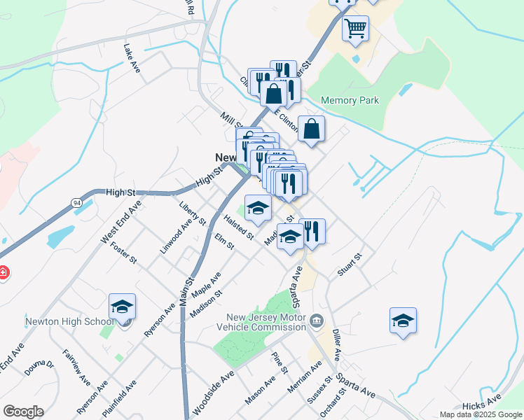 map of restaurants, bars, coffee shops, grocery stores, and more near 41 Main Street in Newton