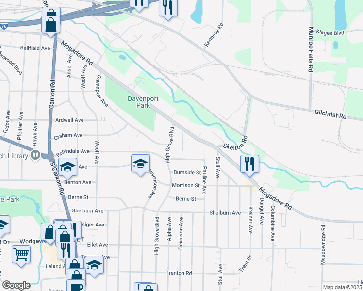 map of restaurants, bars, coffee shops, grocery stores, and more near 2910 Mogadore Road in Akron