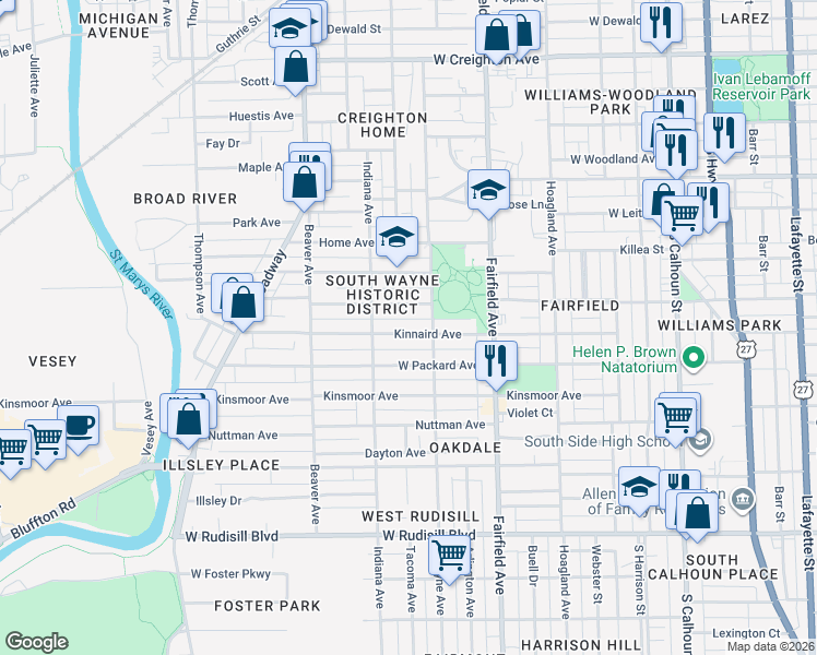 map of restaurants, bars, coffee shops, grocery stores, and more near 701 West Wildwood Avenue in Fort Wayne
