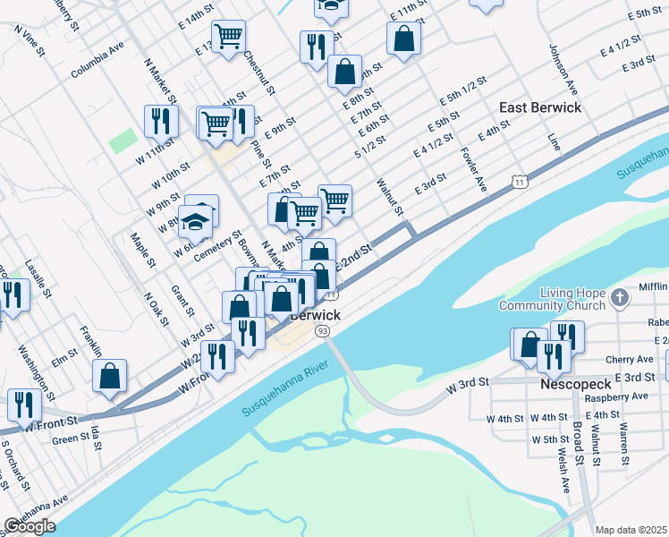 map of restaurants, bars, coffee shops, grocery stores, and more near 201 Pine Street in Berwick