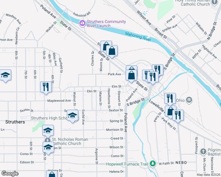 map of restaurants, bars, coffee shops, grocery stores, and more near 67 Elm Street in Struthers