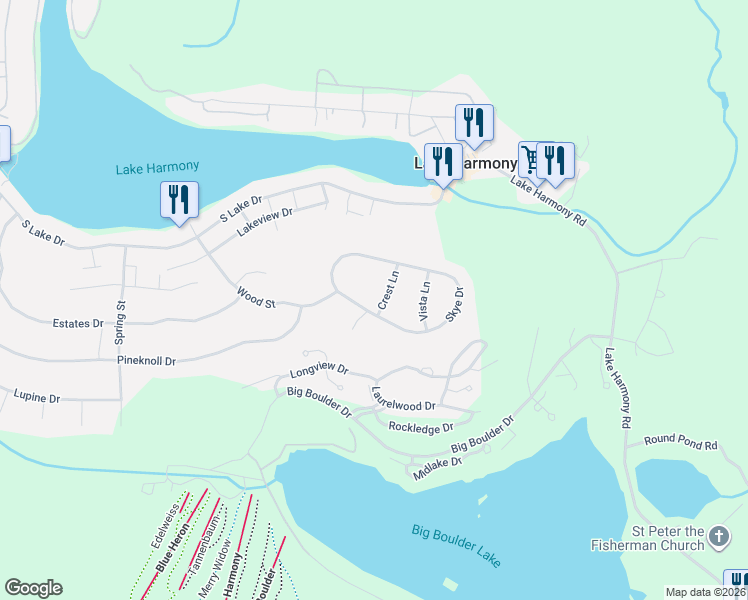 map of restaurants, bars, coffee shops, grocery stores, and more near 416 Skye Drive in Lake Harmony