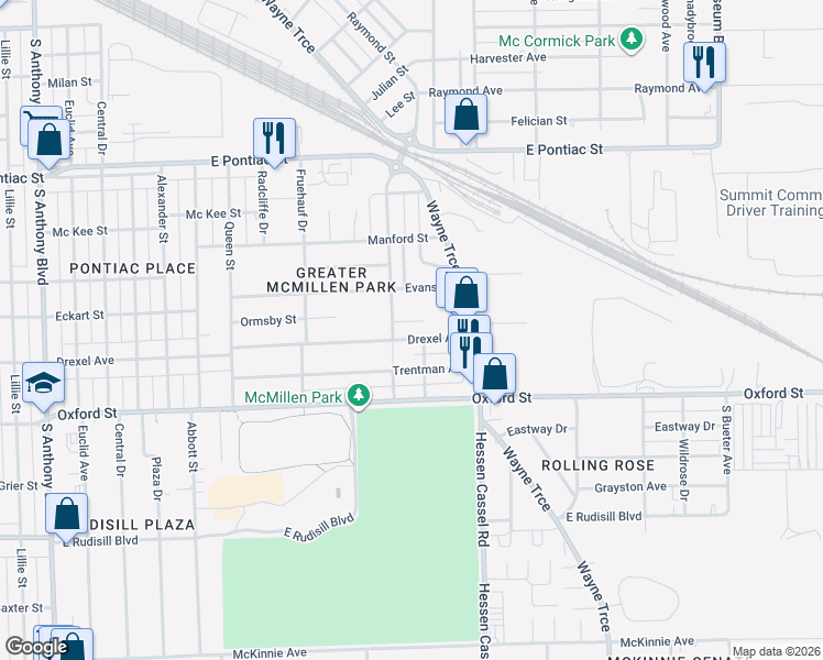 map of restaurants, bars, coffee shops, grocery stores, and more near 2909 Ormsby Street in Fort Wayne