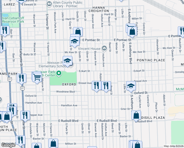 map of restaurants, bars, coffee shops, grocery stores, and more near 3102 Bowser Avenue in Fort Wayne