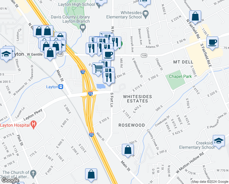 map of restaurants, bars, coffee shops, grocery stores, and more near 444 Twin Trees Lane in Layton