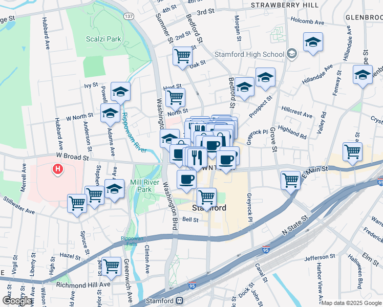 map of restaurants, bars, coffee shops, grocery stores, and more near 460 Summer Street in Stamford