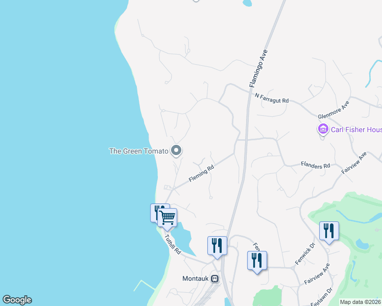 map of restaurants, bars, coffee shops, grocery stores, and more near 30 Upper Firestone Road in Montauk