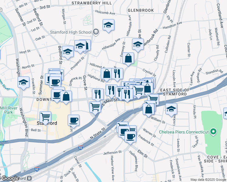 map of restaurants, bars, coffee shops, grocery stores, and more near 22 Glenbrook Road in Stamford