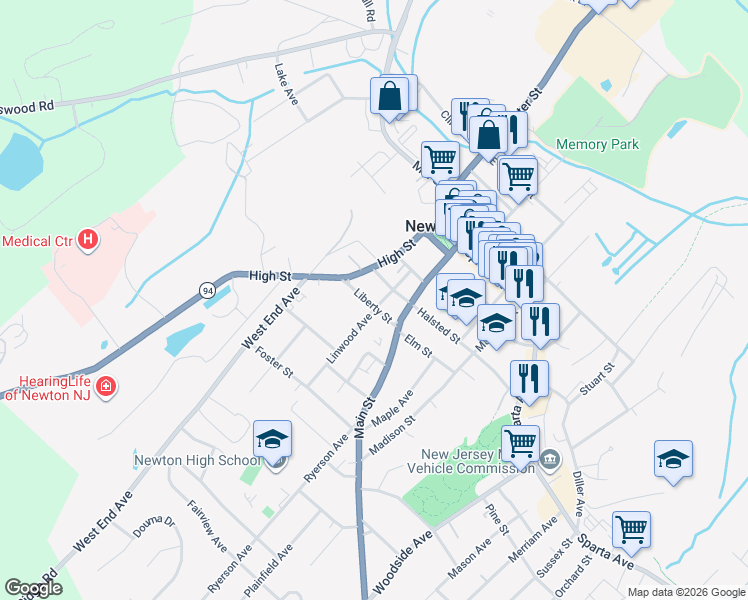 map of restaurants, bars, coffee shops, grocery stores, and more near 8 Division Street in Newton