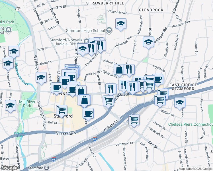 map of restaurants, bars, coffee shops, grocery stores, and more near 109 Forest Street in Stamford