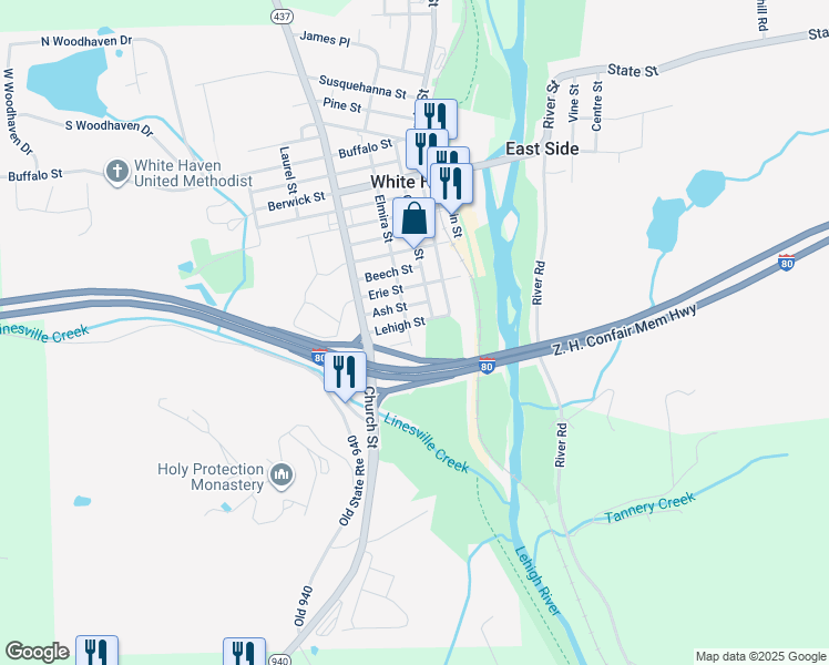 map of restaurants, bars, coffee shops, grocery stores, and more near 1001 Elmira Street in White Haven