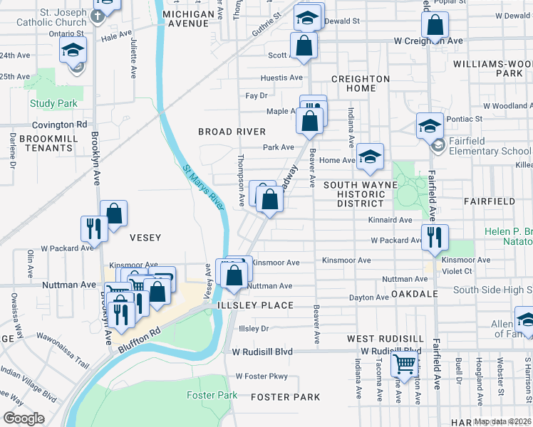 map of restaurants, bars, coffee shops, grocery stores, and more near 3120 Broadway in Fort Wayne