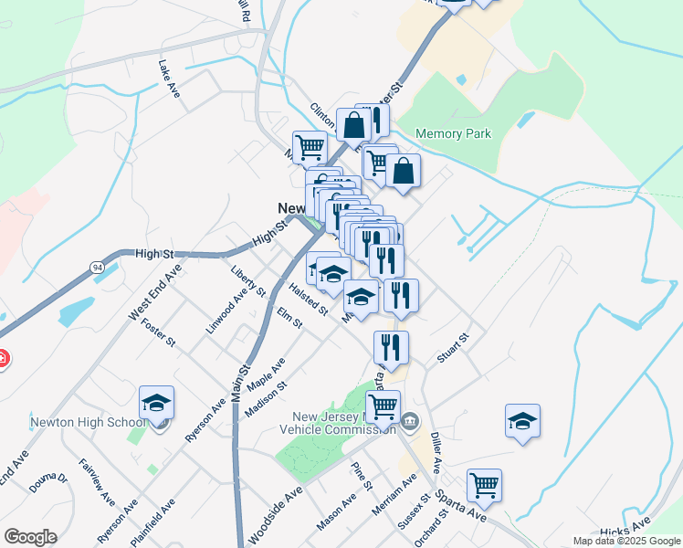 map of restaurants, bars, coffee shops, grocery stores, and more near 41 Main Street in Newton