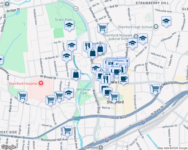 map of restaurants, bars, coffee shops, grocery stores, and more near 1202 Washington Boulevard in Stamford