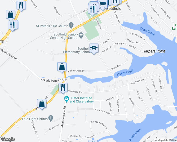 map of restaurants, bars, coffee shops, grocery stores, and more near 1273 Jockey Creek Drive in Southold