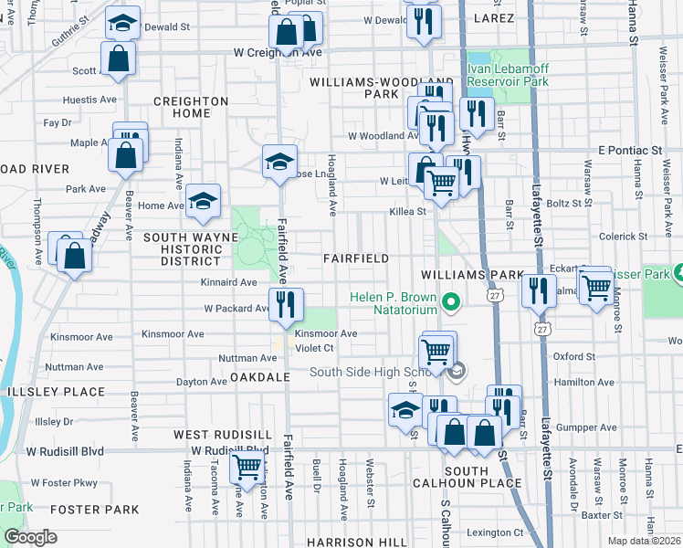 map of restaurants, bars, coffee shops, grocery stores, and more near 3121 Hoagland Avenue in Fort Wayne