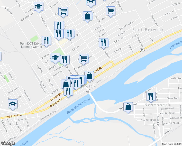map of restaurants, bars, coffee shops, grocery stores, and more near 201 Pine Street in Berwick