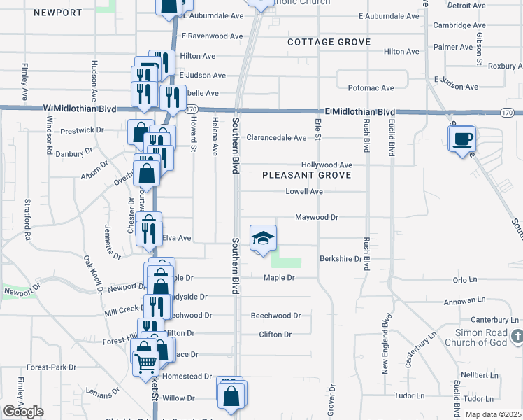 map of restaurants, bars, coffee shops, grocery stores, and more near 124 Maywood Drive in Youngstown