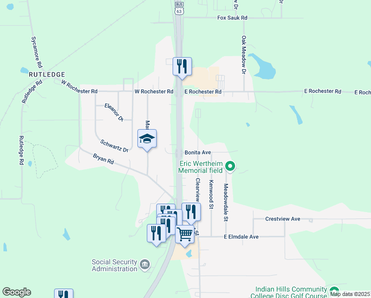map of restaurants, bars, coffee shops, grocery stores, and more near 101-199 Bonita Avenue in Ottumwa