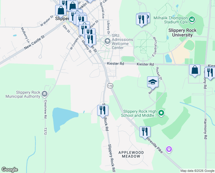 map of restaurants, bars, coffee shops, grocery stores, and more near 670 South Main Street in Slippery Rock