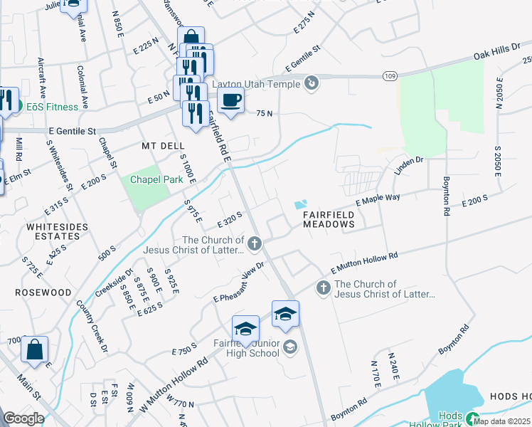map of restaurants, bars, coffee shops, grocery stores, and more near 1284 Mary Lane in Layton