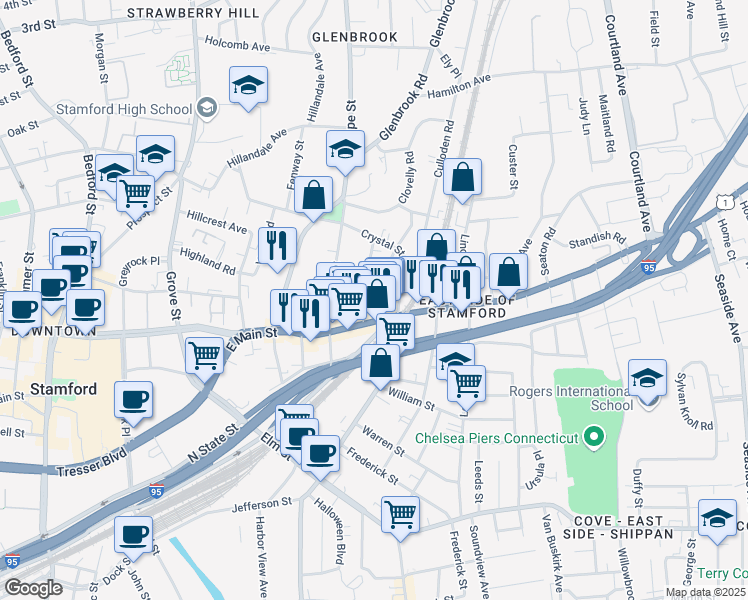 map of restaurants, bars, coffee shops, grocery stores, and more near 29 Quintard Terrace in Stamford