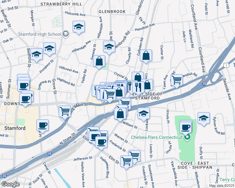 map of restaurants, bars, coffee shops, grocery stores, and more near 29 Quintard Terrace in Stamford