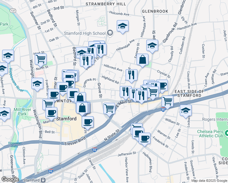 map of restaurants, bars, coffee shops, grocery stores, and more near 164 Forest Street in Stamford