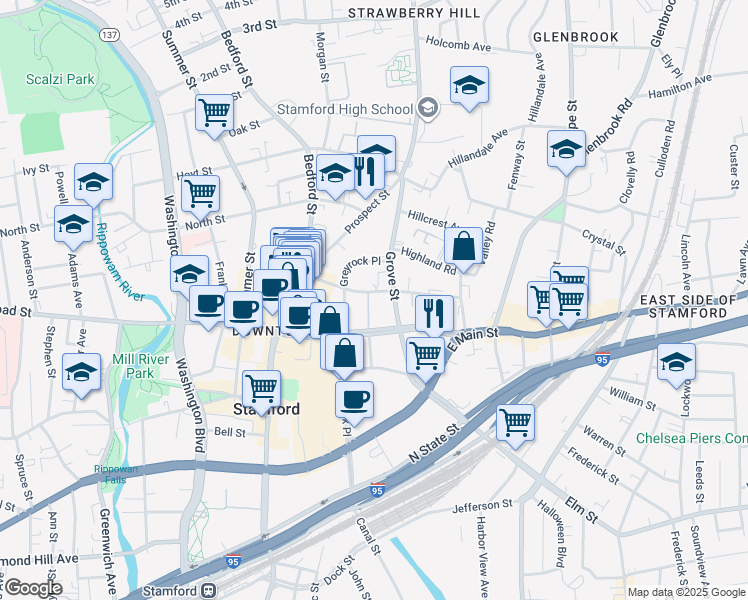 map of restaurants, bars, coffee shops, grocery stores, and more near 144 Forest Street in Stamford