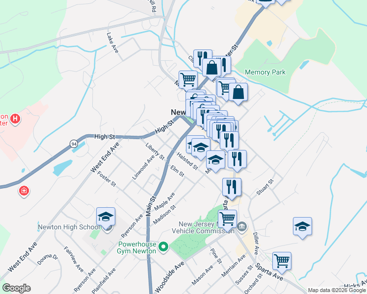 map of restaurants, bars, coffee shops, grocery stores, and more near 81 Main Street in Newton