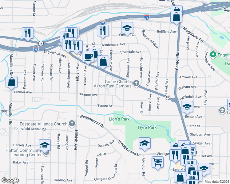 map of restaurants, bars, coffee shops, grocery stores, and more near 270 Eastholm Avenue in Akron