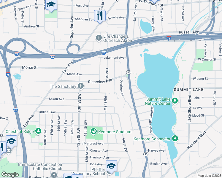 map of restaurants, bars, coffee shops, grocery stores, and more near 1541 Rockaway Street in Akron
