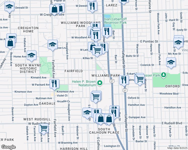 map of restaurants, bars, coffee shops, grocery stores, and more near 3113 South Harrison Street in Fort Wayne