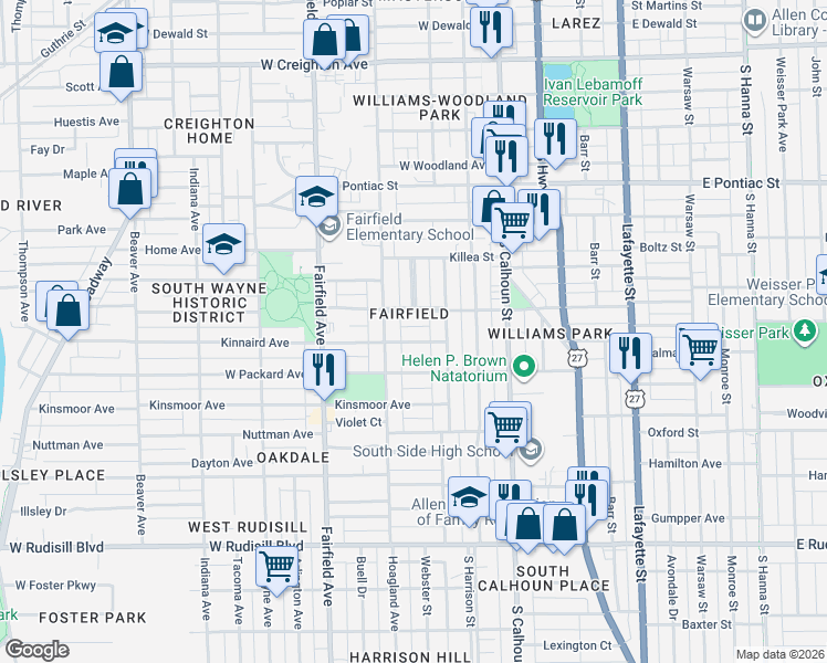 map of restaurants, bars, coffee shops, grocery stores, and more near 337 West Wildwood Avenue in Fort Wayne