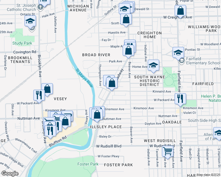 map of restaurants, bars, coffee shops, grocery stores, and more near 3120 Broadway in Fort Wayne