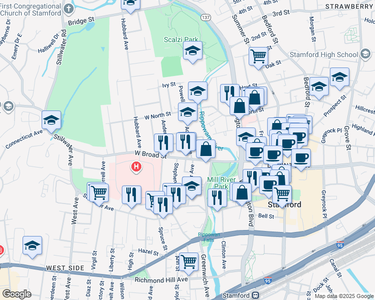 map of restaurants, bars, coffee shops, grocery stores, and more near 301 Commons Park South in Stamford