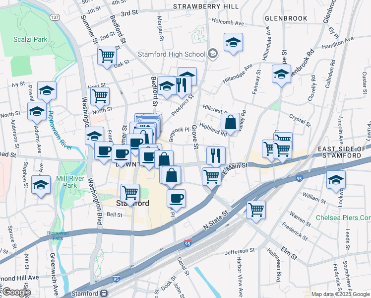 map of restaurants, bars, coffee shops, grocery stores, and more near 144 Forest Street in Stamford