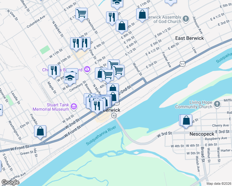 map of restaurants, bars, coffee shops, grocery stores, and more near 132 East 3rd Street in Berwick