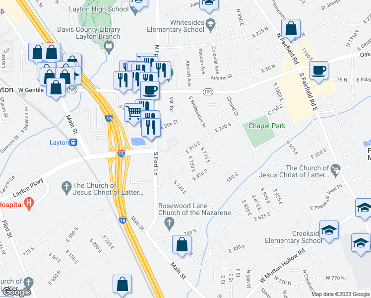 map of restaurants, bars, coffee shops, grocery stores, and more near 741 East 315 South in Layton