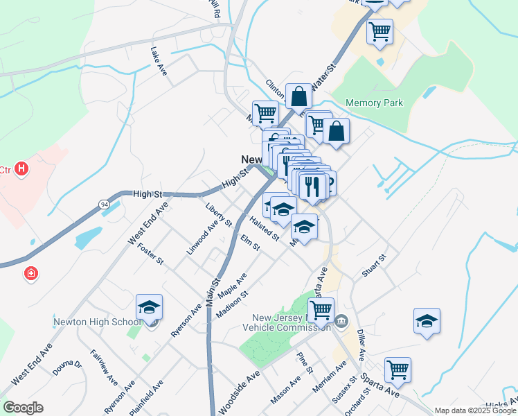 map of restaurants, bars, coffee shops, grocery stores, and more near 81 Main Street in Newton