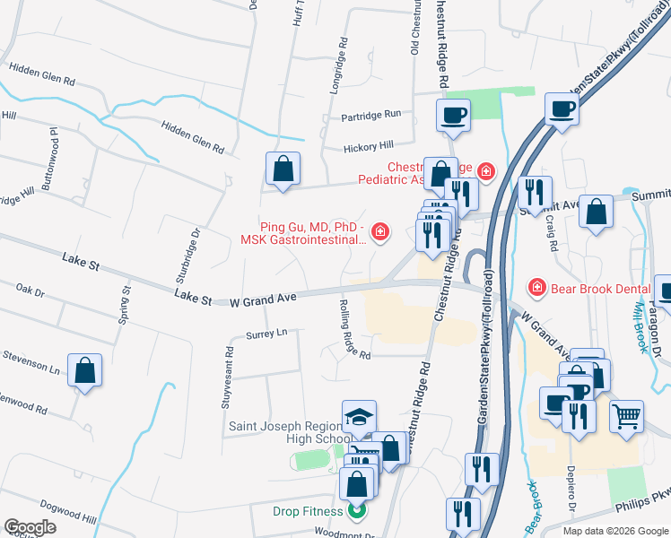 map of restaurants, bars, coffee shops, grocery stores, and more near 3 Cider Mill Court in Montvale
