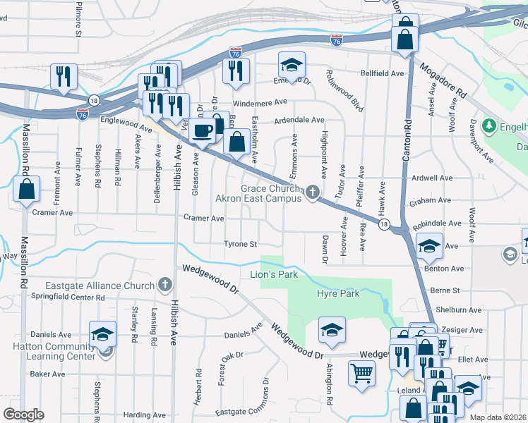 map of restaurants, bars, coffee shops, grocery stores, and more near 270 Eastholm Avenue in Akron