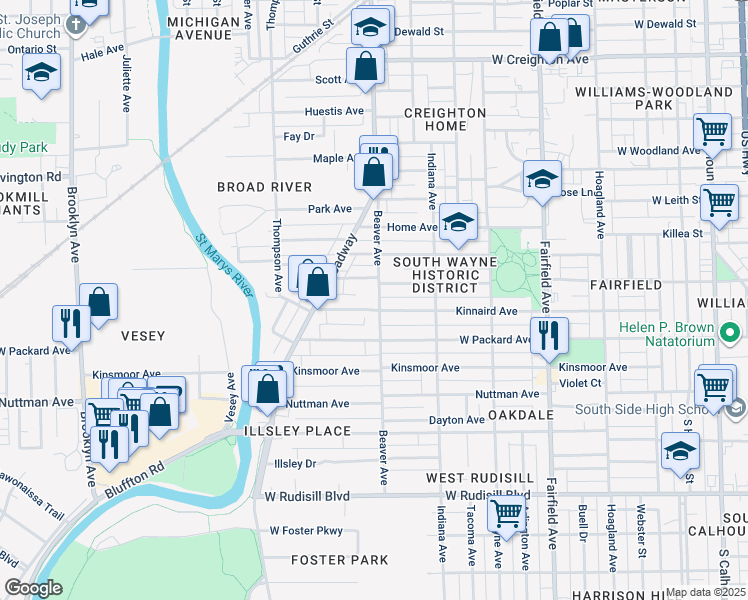 map of restaurants, bars, coffee shops, grocery stores, and more near 3124 Beaver Avenue in Fort Wayne